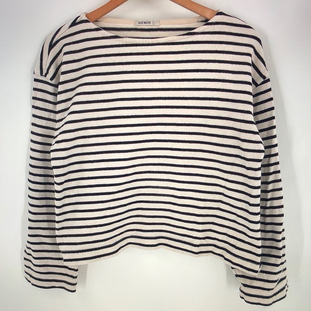 Buck Mason Cream and Black Striped Boatneck Sweatshirt